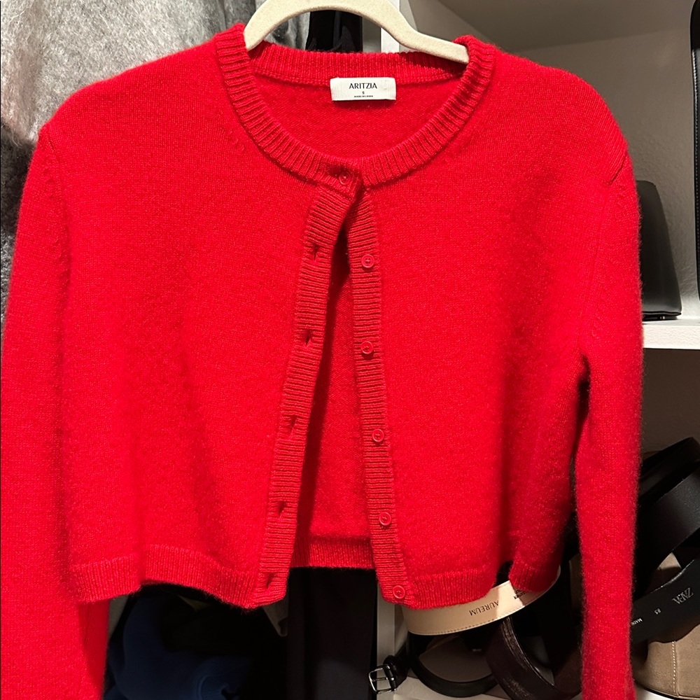 Aritzia Cashmere Relaxed Crew Cardigan Red - Picture 3 of 3